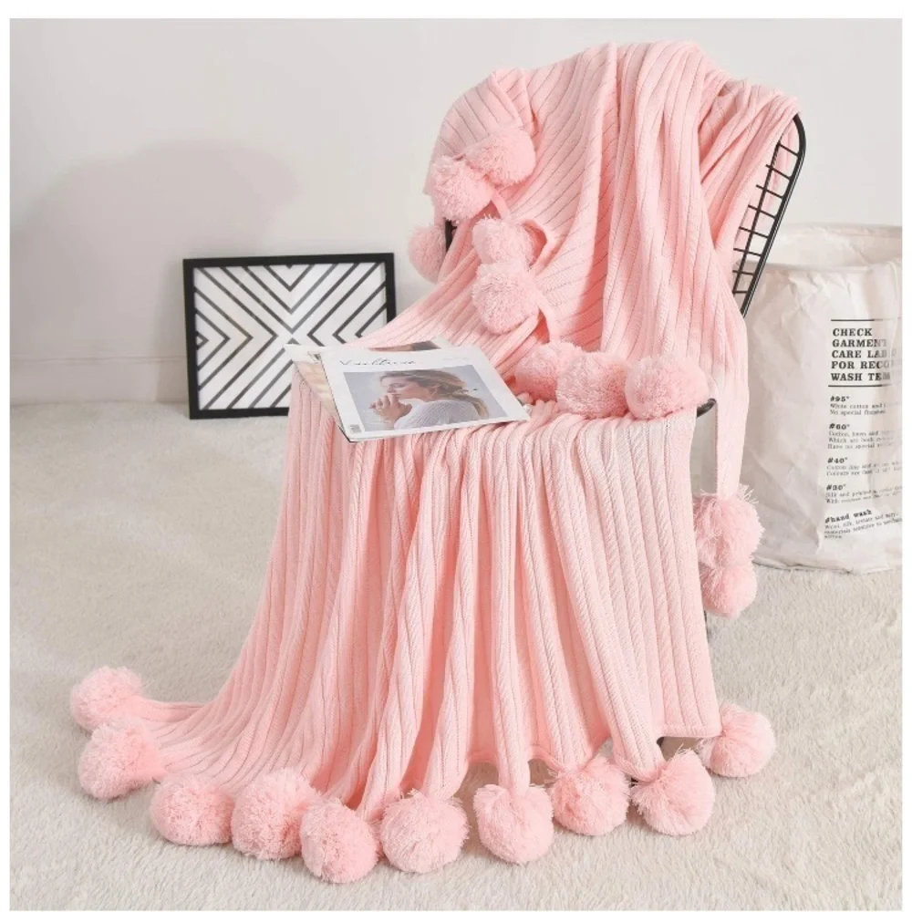 Trendy Dark Grey Pompom Fringe Chic Cozy Soft Throw Blanket/Cover Dorm/Bedroom